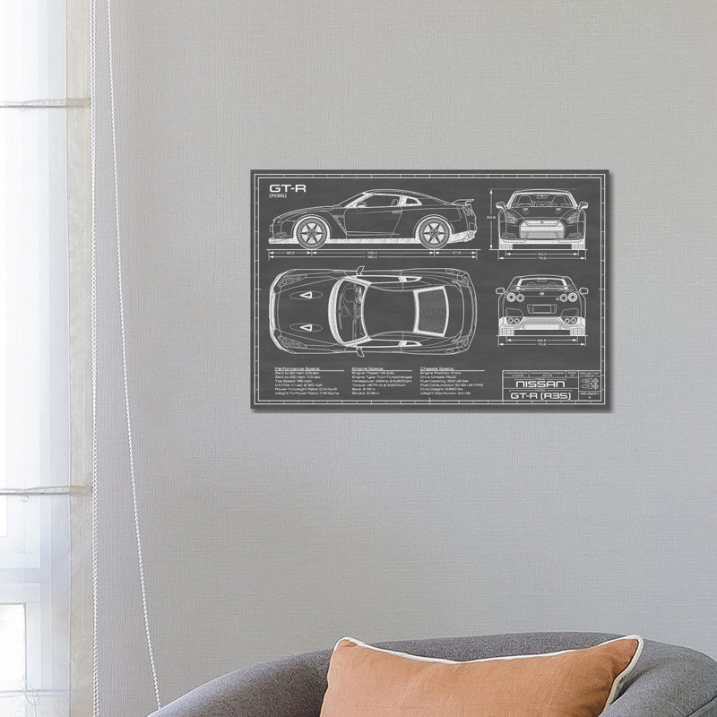 Ligne d'horizon de la NISSAN GT-R (R35) | «Black» par Action Blueprints, impression sur toile tendue