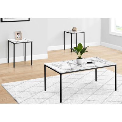 Table contemporaine 3 pièces avec plateau en stratifié aspect marbre blanc et métal
