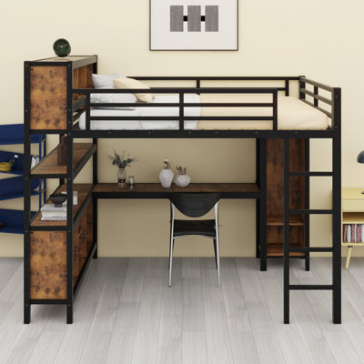 Loft Bed With Integrated Wardrobe, L-Shaped Desk, And Storage Shelves For Kids, Teens, And Adults