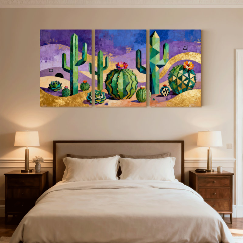 «Cactus Desert Cactus Landscape», ensemble de 3 impressions sur toile, H 24 po x l 48 po