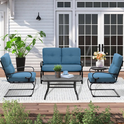 5-Piece Patio Furniture Conversation Sets With Wrought Iron Loveseat And Spring Chairs, Coffee Table And Side TableRed