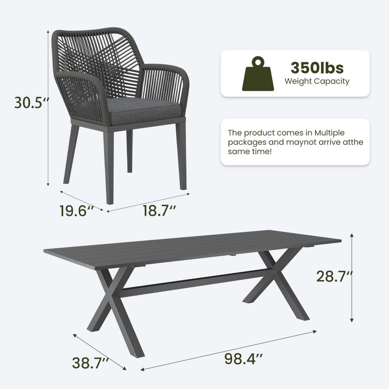 Ensemble repas d'extérieur 7 pièces avec table de salle à manger rectangulaire et 6 chaises, 6, Gris