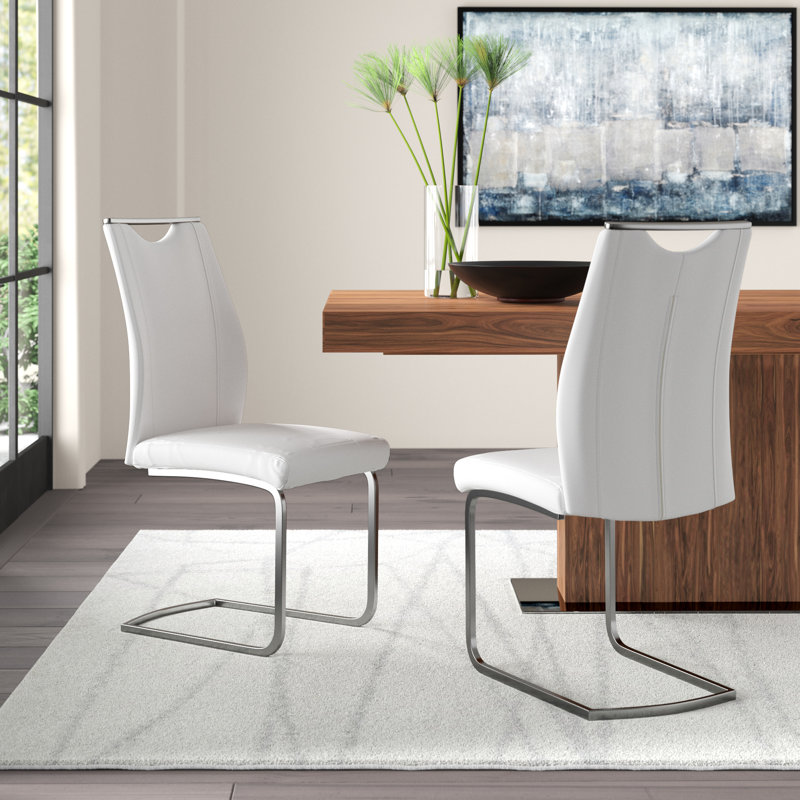 Hailey Contemporary Dining Chairs In Faux Leather and Brushed Stainless Steel Finish, White