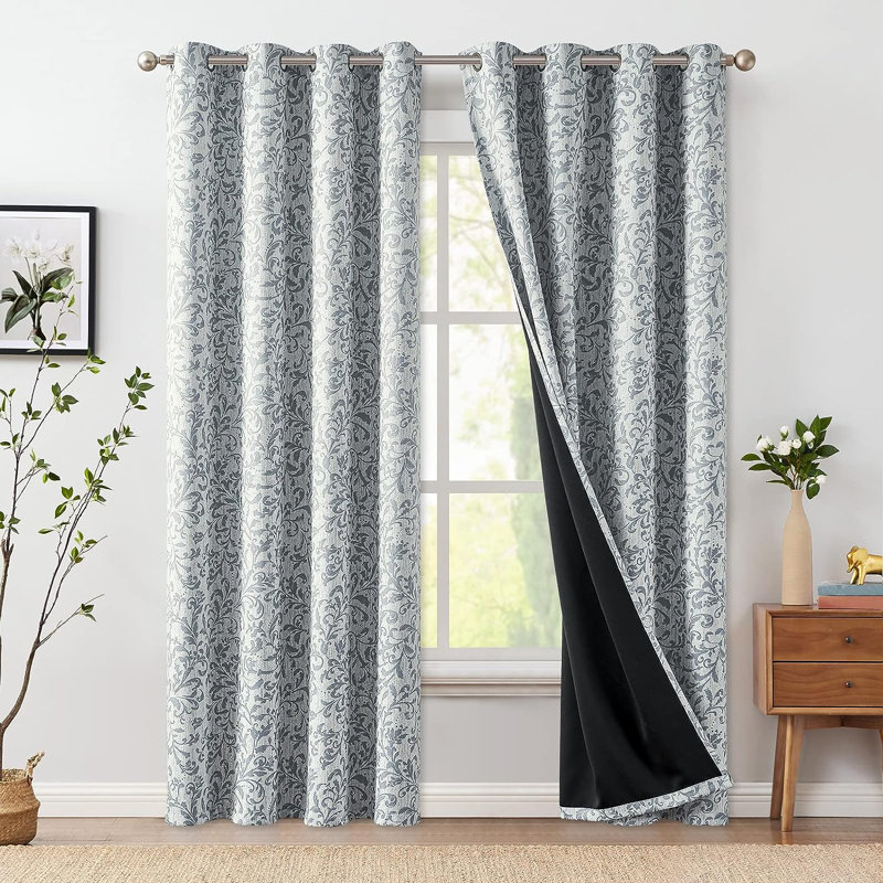 Paire de rideaux occultant à motif floral Ghaleb, Parchemin gris argenté, L 50 po x L 96 po