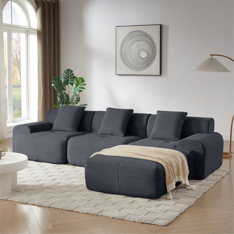 Canapé modulaire en forme de L de 113 po pour salon, revêtement en velours côtelé, canapé surdimensionné à 3 places avec siège profond et repose-pieds mobile - 113 po