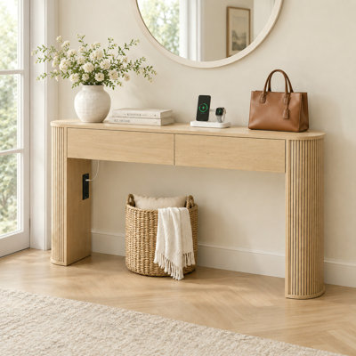 Modern Console Table with Charging Station, 63" Long Entryway Sofa Table, Fluted Behind Couch Table with Storage, for Entryway, Hallway, Living Room, Oak