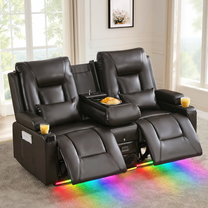 Causeuse inclinable manuelle avec console rabattable, ports de charge, haut-parleurs Bluetooth et lumières DEL, Brun