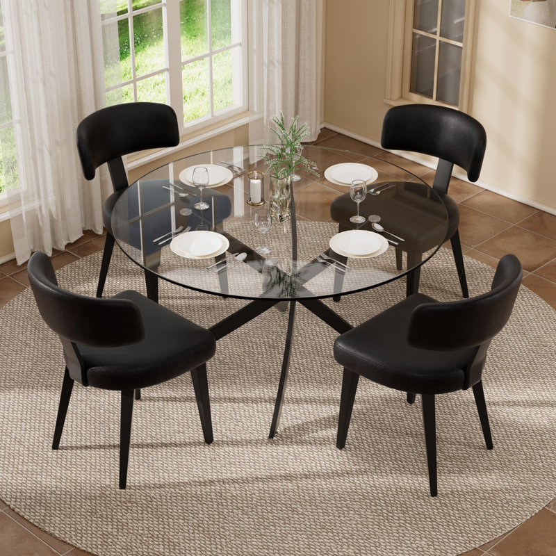 Modern Tempered Glass Dining Table Set With PU Leather Chairs, 36/47-Inch Kitchen Dining Set For 2/4/6 People, Contemporary Easy-To-Clean Dining Furniture Set