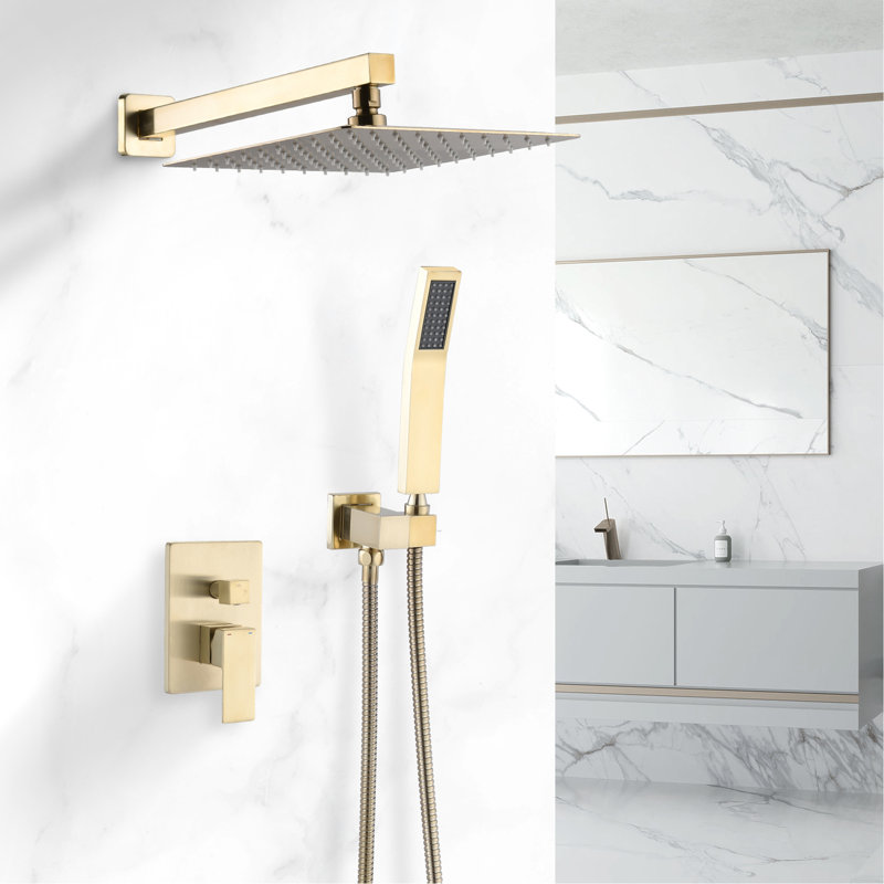 10 Inch Brushed Gold Wall Mounted Shower Combination With Adjustable Water Flow, Single Lever Handle, And Diverter For A Relaxing Experience Valve, Easy - Clean Square Head Refreshing