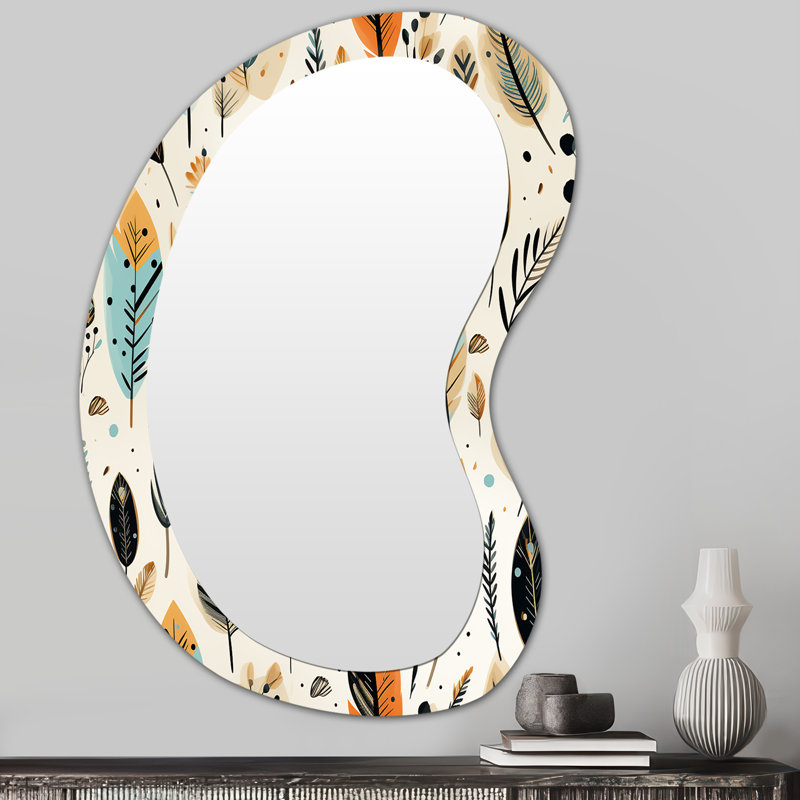 Gabil Rustic Bohemian Boho Pattern - Botanical Asymmetrical Decorative Mirror, Boho Unique Shape Wall Mirror, Printed Metal Art