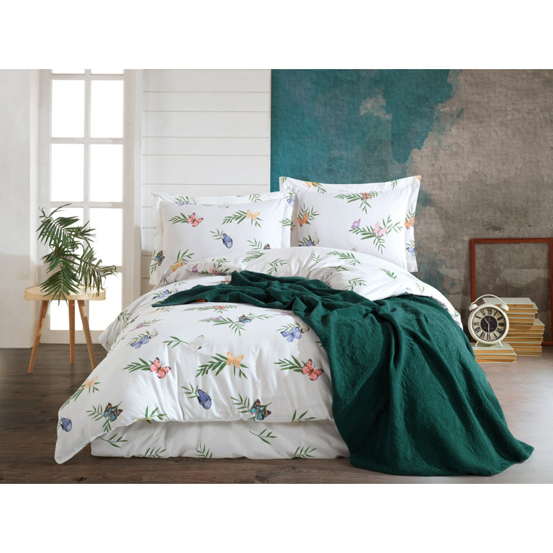 Ensemble de housse de couette simple 100% coton Ranforce, 55,1 po x 78,7 po | Lavable à la machine à 104 ° F, 145 fils | Comprend 1 taie d'oreiller (23,6 po x 23,6 po) | Blanc élégant, vert, bleu et rose, doux et durable