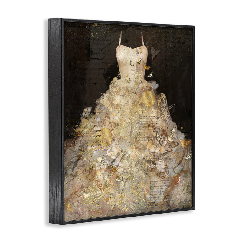 Collage détaillé de la robe de soirée avec collage de papillons par Marta Wiley - impression, Giclée encadrée noir minuit