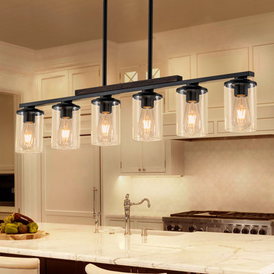 5/6-Light Linear Black Wooden Kitchen Island Pendant Light