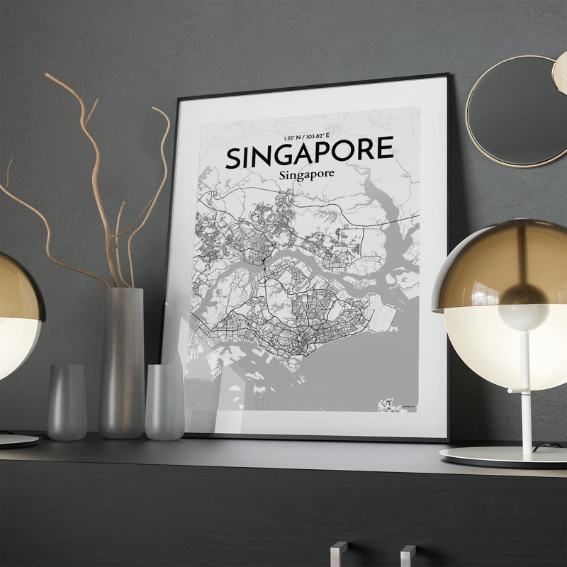 Carte de la ville de Singapour, impression, Gris / blanc, H 24 po x l 18 po