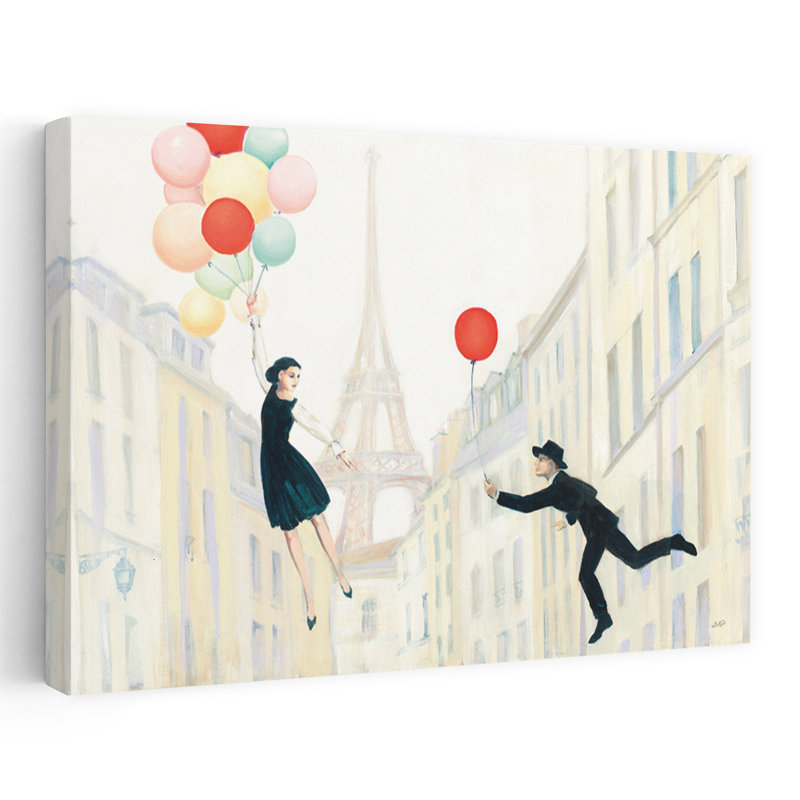 Aloft In Paris I Crop - Ballons noir, bleu, bâtiments, art, H 40 po x l 60 po