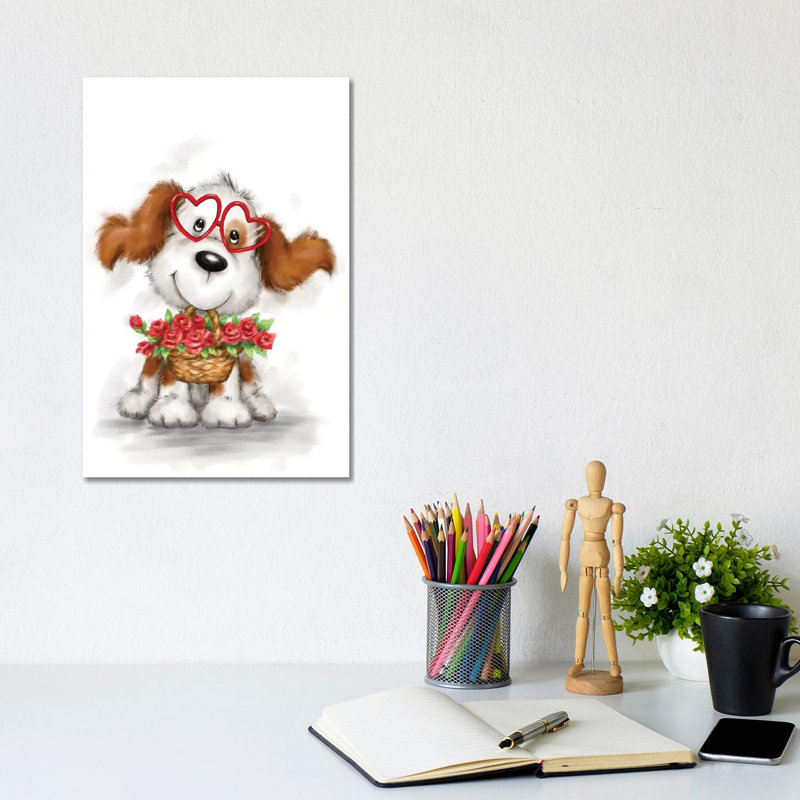 Dog with Glasses and Flowers 1 Piece Wrapped Canvas Wall Art, 20.32 cm H x 30.48 cm W