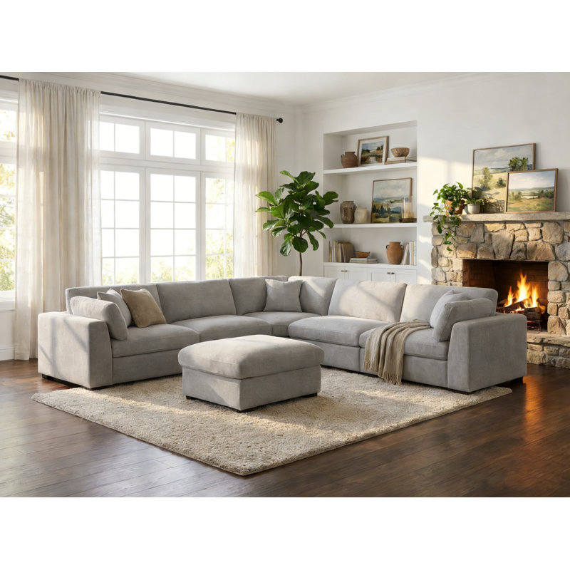 Oversized Upholstered Sectional Sofa, Modular Cloud Sectional Couch With Ottoman, Light Gray