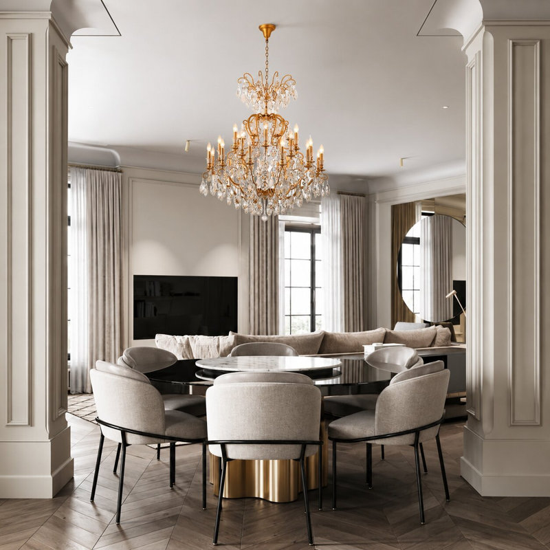 Lustre étagé de style bougie à 24 lumières avec cristaux transparents Brucie, Étain