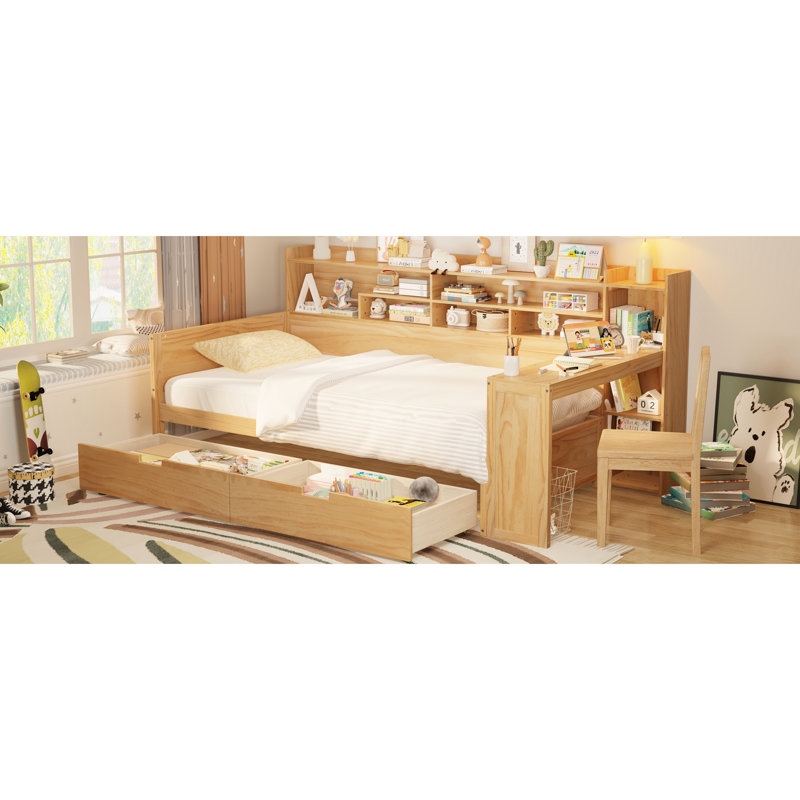 Multi-Functional Wooden Daybed For Twin With Shelf And Desk Storage - Space Saver In Wood Options Study Fashionable Piece