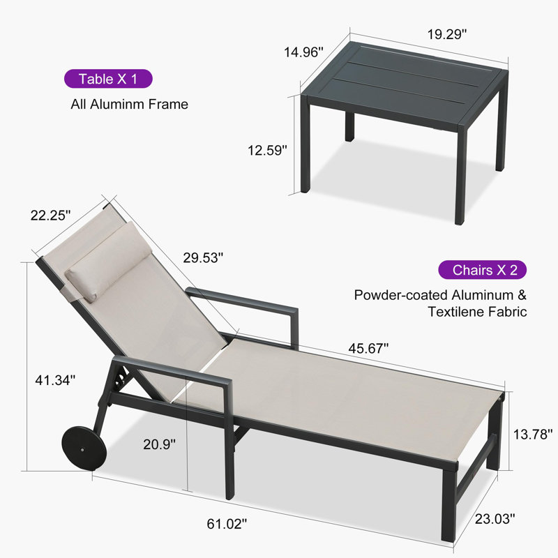 Patio Lounge Chair Set Of 3 Outdoor Chaise Lounger Aluminum Frame With Armrest Side Table And Wheels, Beige
