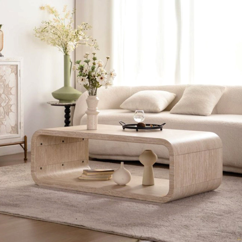 Modern Open-Frame Elegant Curved Light Wood Coffee Table With Open Storage