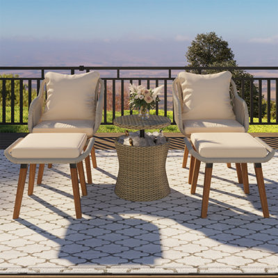 5-Piece Outdoor Conversation Set With Pop-Up Cool Bar Table, Wicker Chairs, And Ottoman Stools