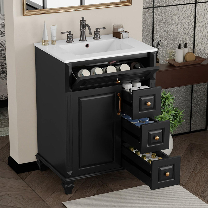 Meuble-lavabo multifonctionnel avec cadre en bois massif, Noir