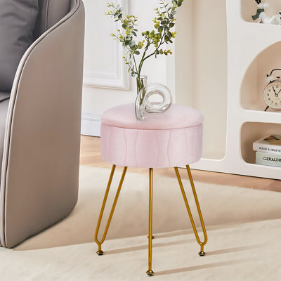 Round Ottoman Foot Stool With Storage Metal Legs For Living Room Bedroom, Velvet Upholstered Vanity Stool Footrest Modern Padded Seat by Mercer41
