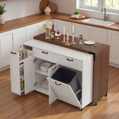 Îlot de cuisine mobile avec table de salle à manger extensible, armoire de rangement pour poubelles, étagère à épices coulissante à 3 niveaux et Whee