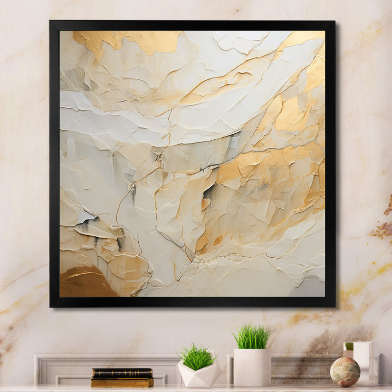 Art sur toile, formes abstraites de glacier beige et doré II, H 24 po x l 24 po x P 1 po, Cadre simple noir