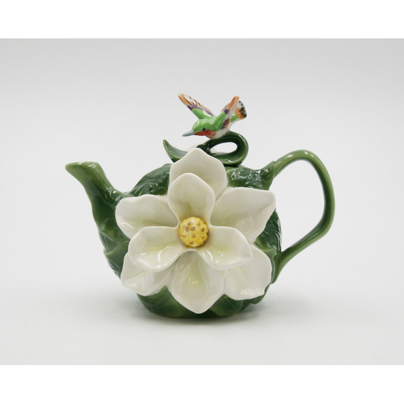 Hand-Painted Ceramic Magnolia Flower Teapot with Hummingbird Lid