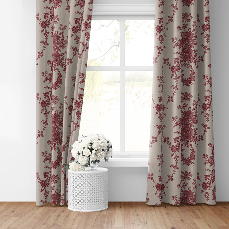 Country Lane Toile Crimson Cotton Pinch Pleat Drapery Panel Set of 2, 20" W  x 108" L