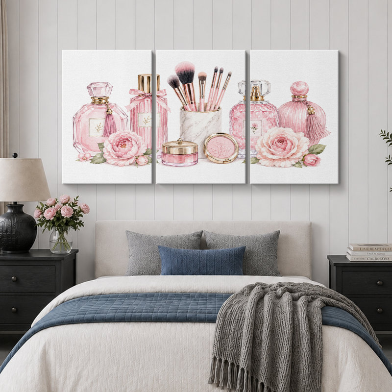 Art floral de vanité de maquillage rose, H 24 po x l 48 po x P 1,5 po, Wrapped Canvas