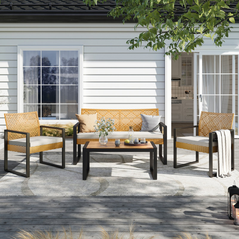 Armantine Darb Stylish 4-Person Wicker Patio Set, Beige Performance, Yellow