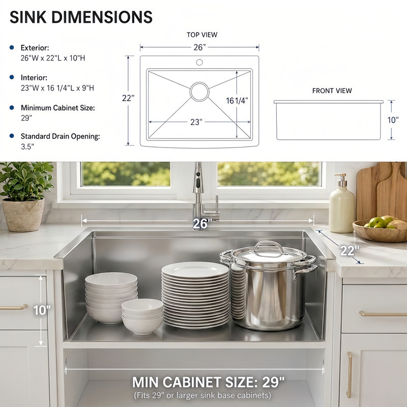 Évier de cuisine de grande taille 26 po x l 22 po à cuve simple en acier inoxydable, Acier Inoxydable