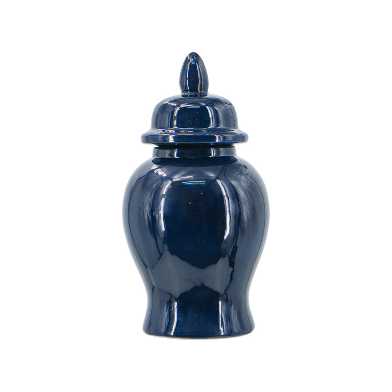 Classic Ceramic Ginger Jar With Glossy Finish And Finial Lid, Blue, 12.2" H x 6.3" W x 6.3" D