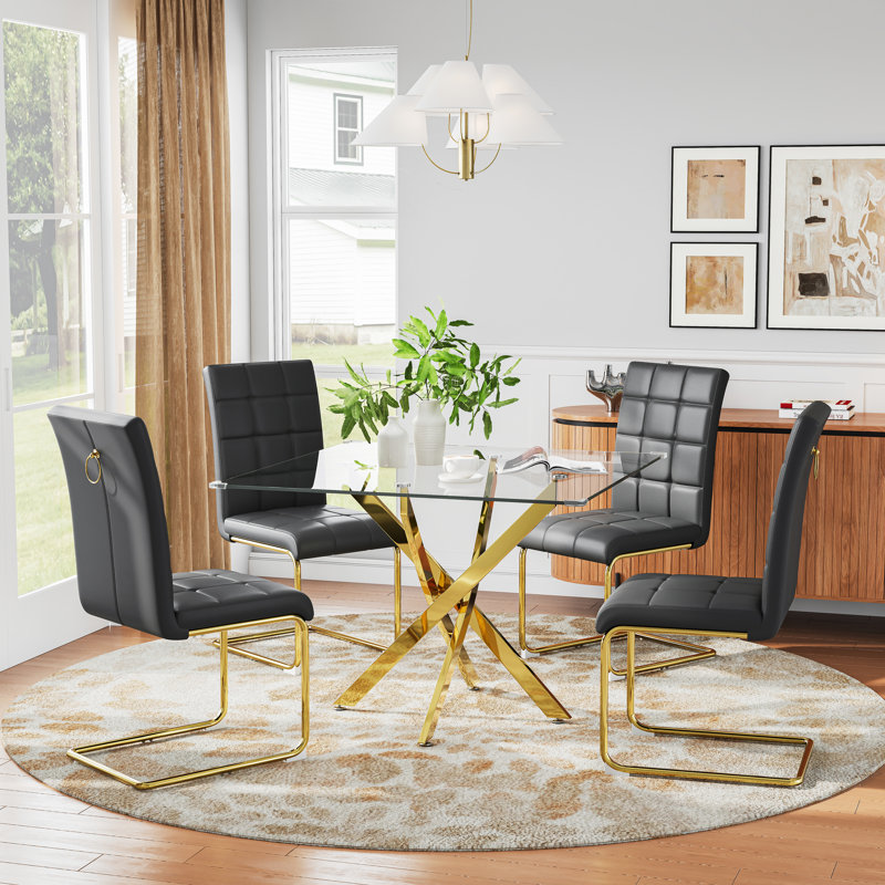 Square Pedestal Dining Set With 4 Luxury Faux Leather Dining Chairs, Gold, Black/Gold