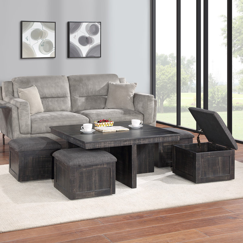 Square Coffee Table With 4 Storage Stools In Rustic, Grey Oak