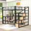 Lit mezzanine double en métal avec tablettes de rangement, escaliers, bureau et lattes