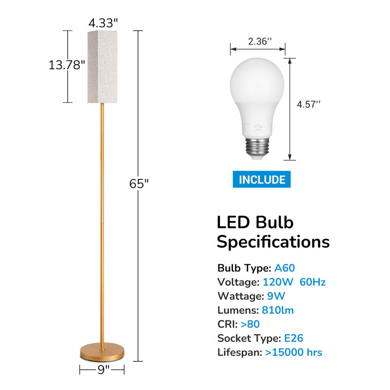 Osblek 65'' Traditional Floor Lamp with Remote Control and Bulb Included, Gold