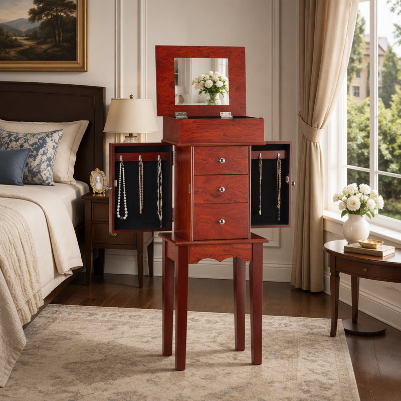 Armoire à bijoux sur pied avec miroir et trois tiroirs pour un rangement organisé et une présentation élégante