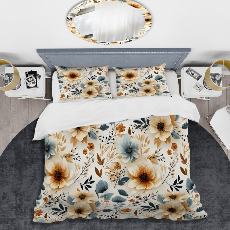 Ensemble de housse de couette à motif floral rustique beige, Housse de couette pour grand lit et 2 taies décor