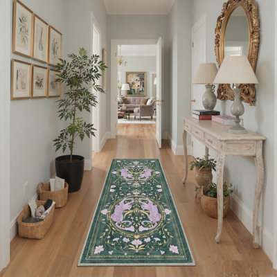 Violeta Animal Print Machine Washable Purple / Green Indoor Area Rug with Non-Slip Backing