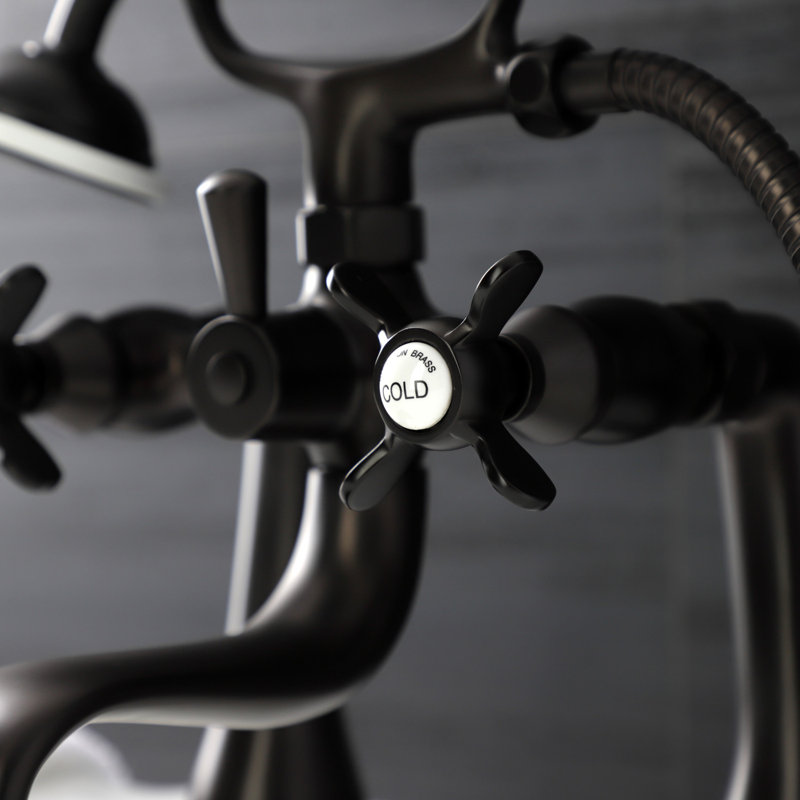 Kingston Brass Essex Three-Handle 2-Hole Deck Mount Clawfoot Tub Faucet with Handshower, Oil Rubbed Bronze