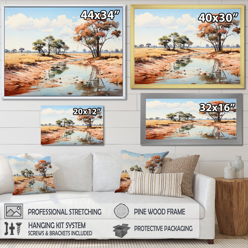 Paysage africain beige et vert sur toile, Cadre flottant doré, H 12 po x l 20 po x P 1 po