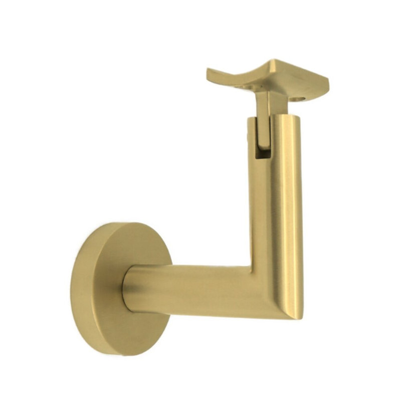 Concrete Mount Handrail Bracket with Round Rose and Curved Plate, Satin Brass