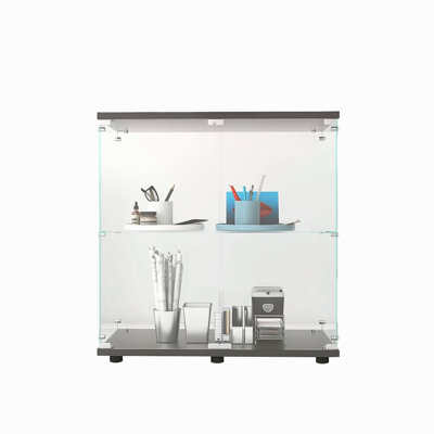 2 Layer Glass Display Cabinet With 2 Doors, Curio Cabinets, Glass Display Cabinet Showcase Countertop With Lock, Tempered Glass With MDF Base