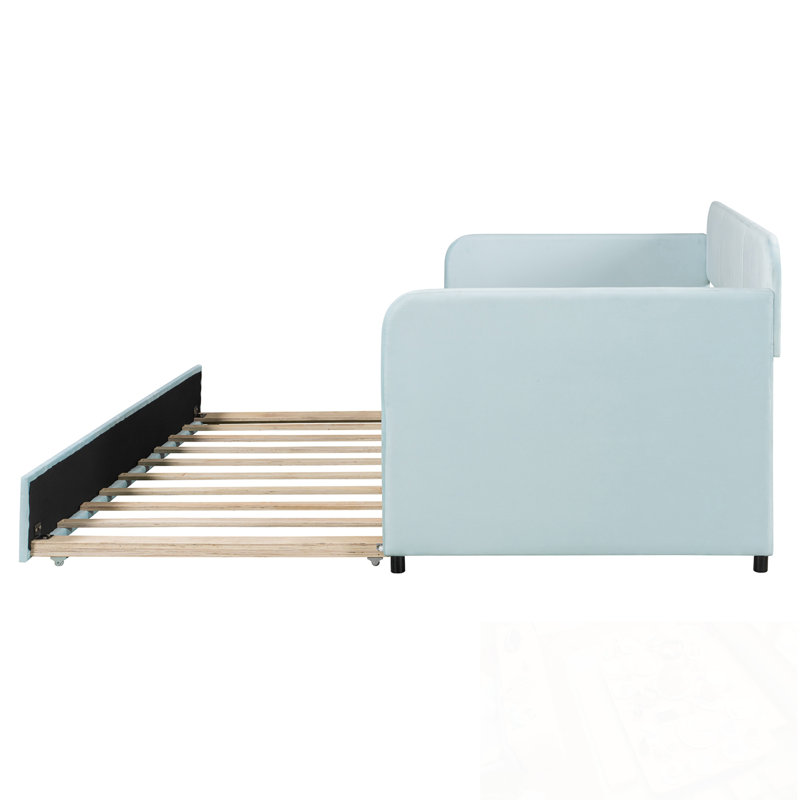 Twin Size Upholstered Daybed with Trundle, Light Blue