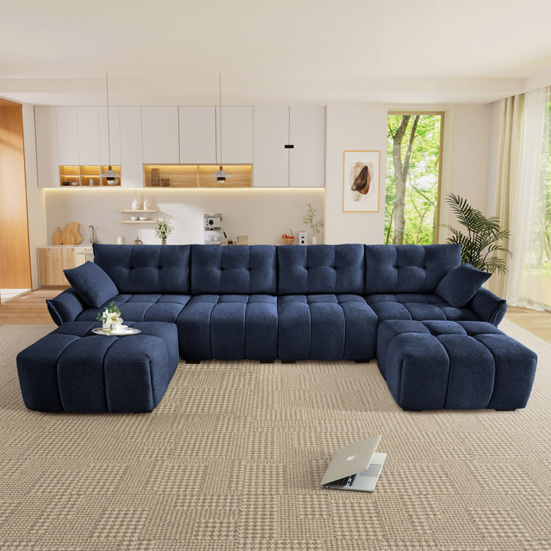 Canapé modulaire en chenille capitonné avec 2 repose-pieds et coussins Dengler, Chenille bleu, L 110,2 po