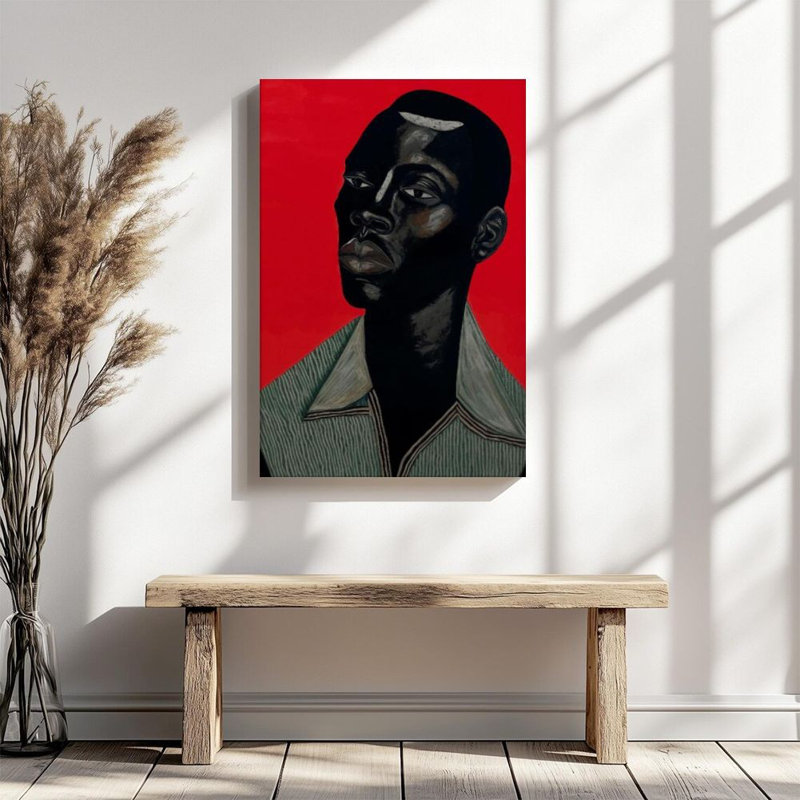 Art mural sur toile encadré en 2 dimensions, portrait noir, fond rouge, impression sur toile de style expressionniste, décoration murale